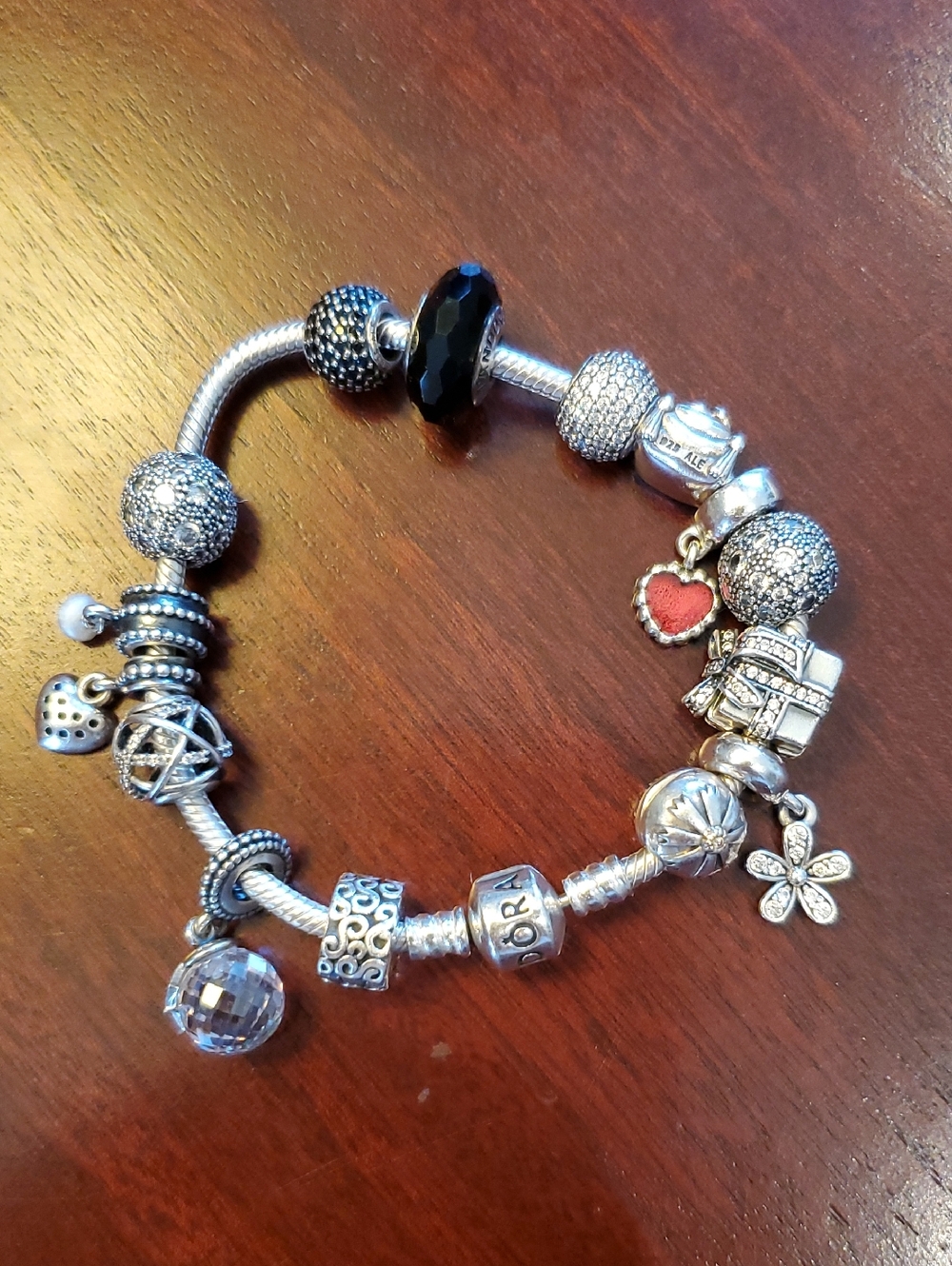 Silver Pandora Charm Bracelet with Black and Red Accents Flower Heart Crystal